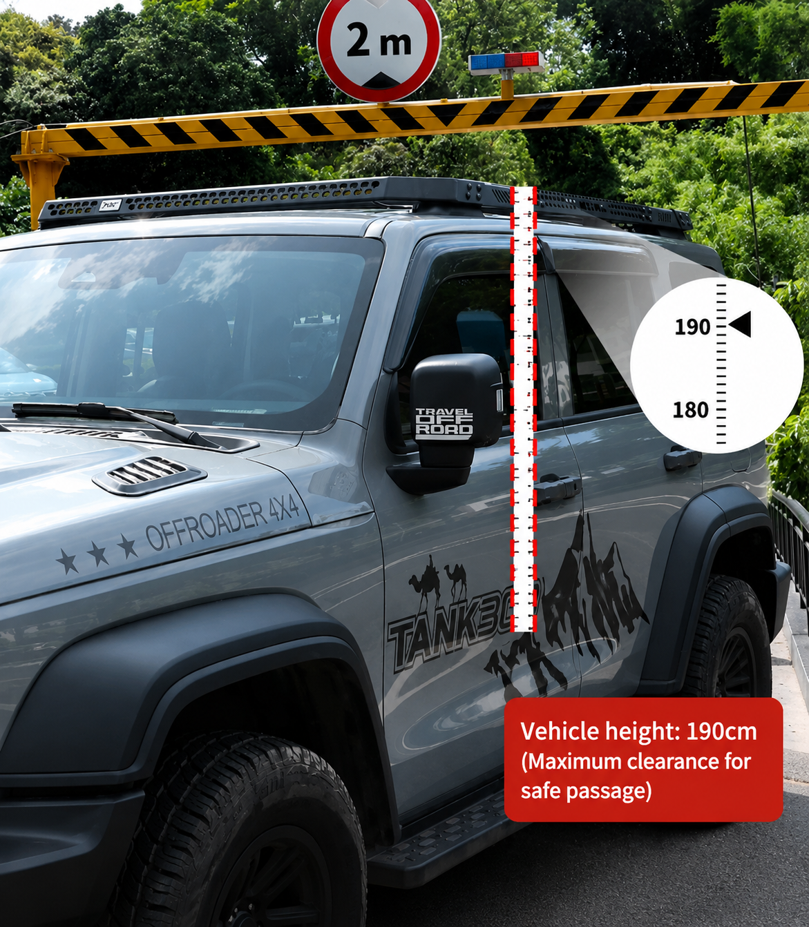 GWM Tank 300 with MK Optimus roof rack fitted, measuring 190cm total height under a 2m clearance barrier