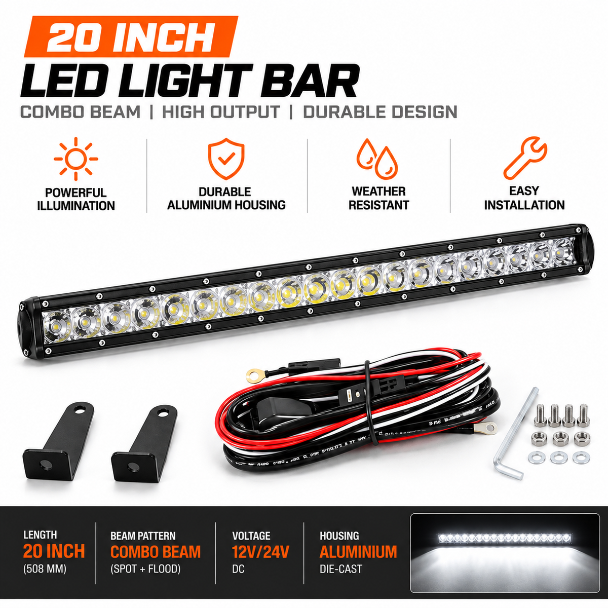 20 inch combo beam LED light bar in aluminium housing with brackets and wiring loom