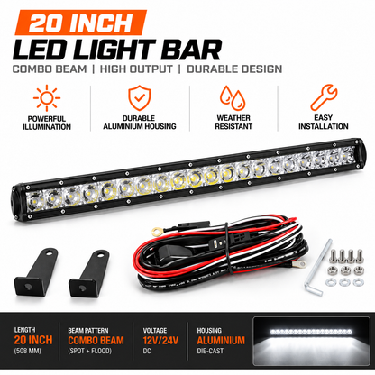 20 inch combo beam LED light bar in aluminium housing with brackets and wiring loom