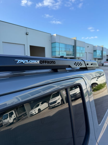 Side-on close-up of the MK Optimus roof rack rails on the roof of a white GWM Tank 300