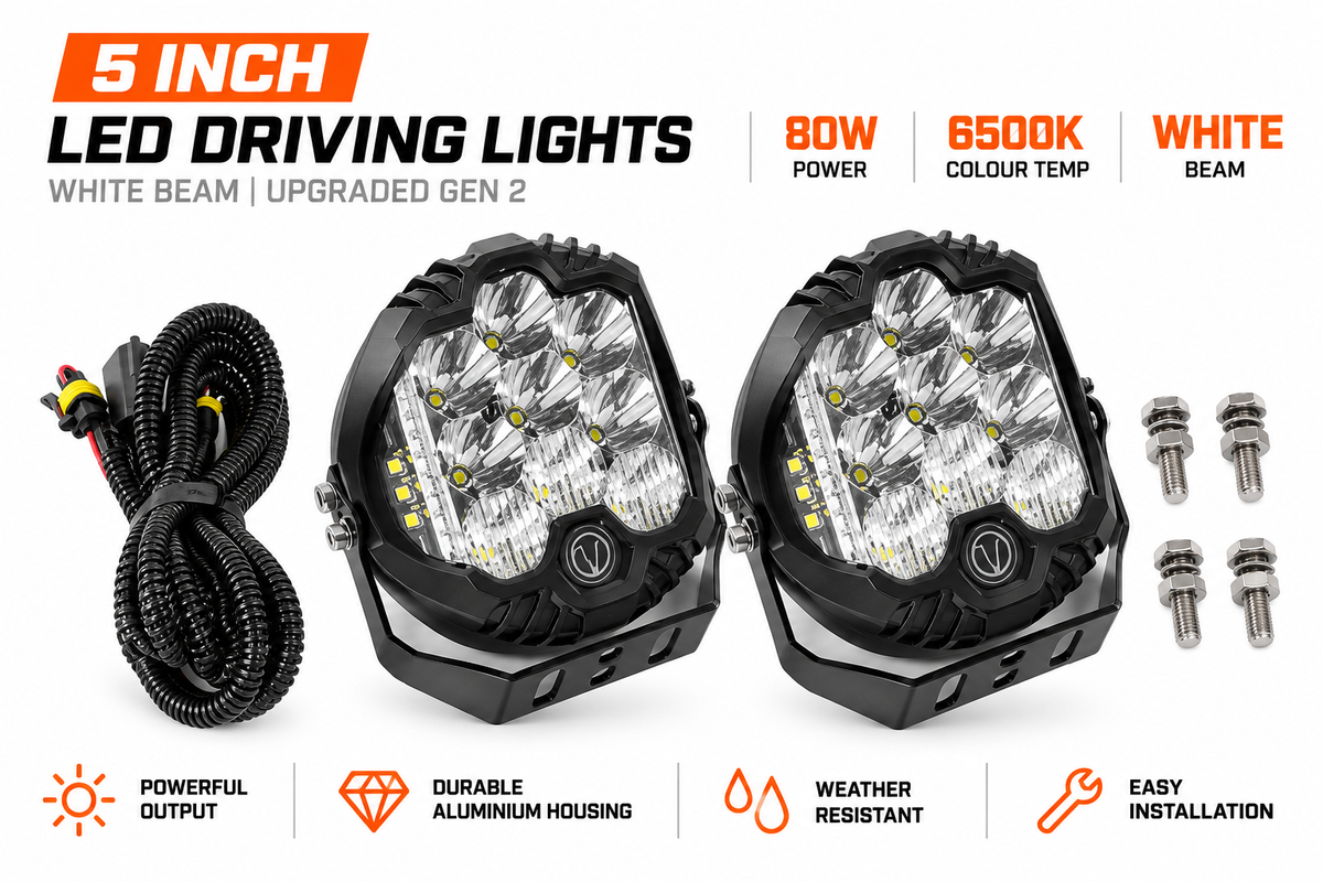 Pair of 5 inch 60W LED driving lights, 6500K white beam, with mounting hardware and wiring