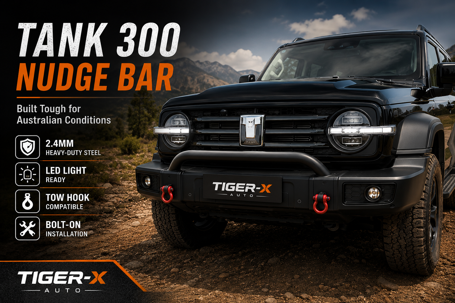 Steel Nudge Bar Front Bar with Integrated Tow Hooks For GWM Tank 300 2023-2026