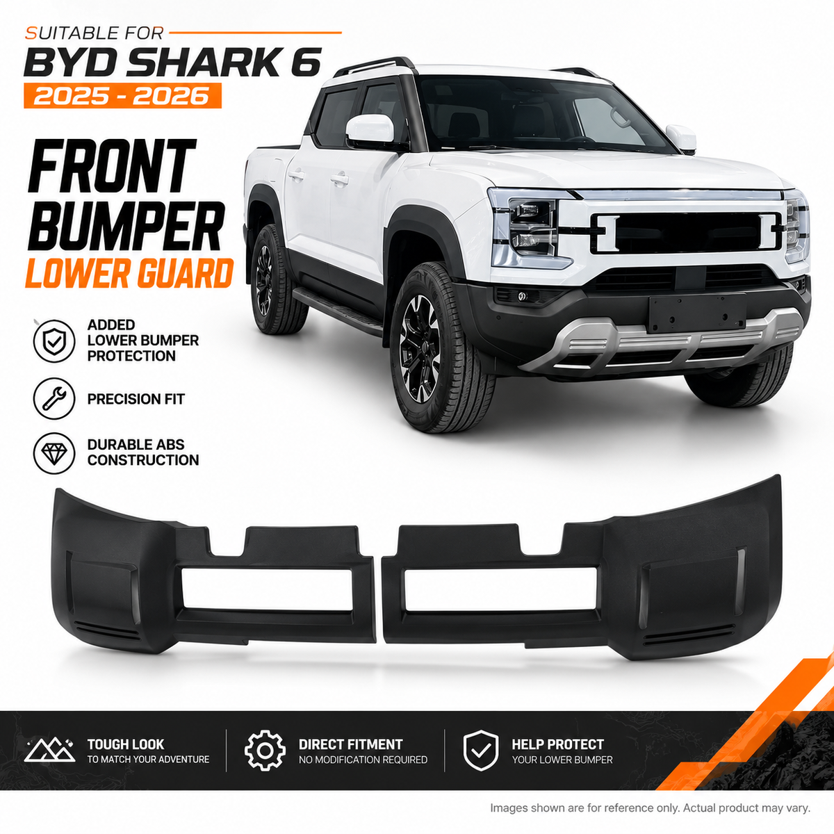 Matte black front bumper lower guard for the BYD Shark 6 2025-2026, shown with a white Shark 6 ute