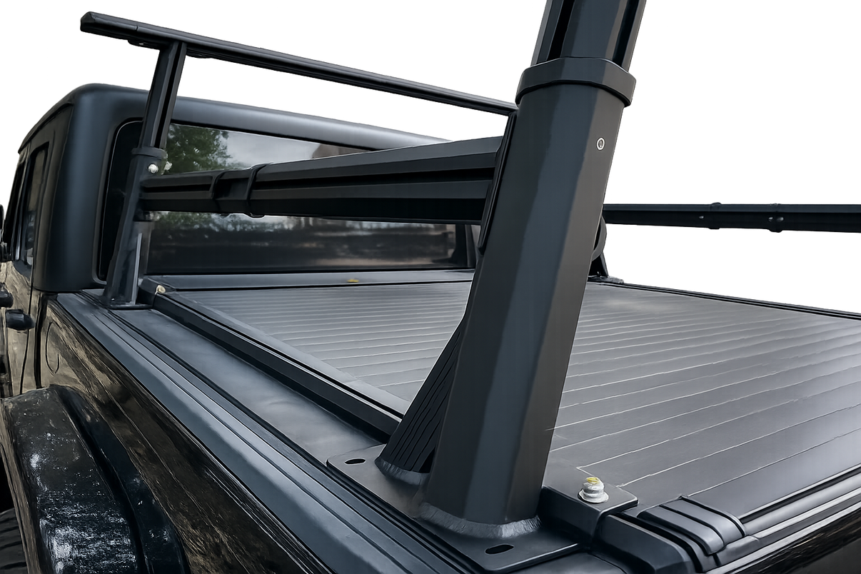 Height adjustable aluminum ladder rack fitted to ute tub over roller shutter