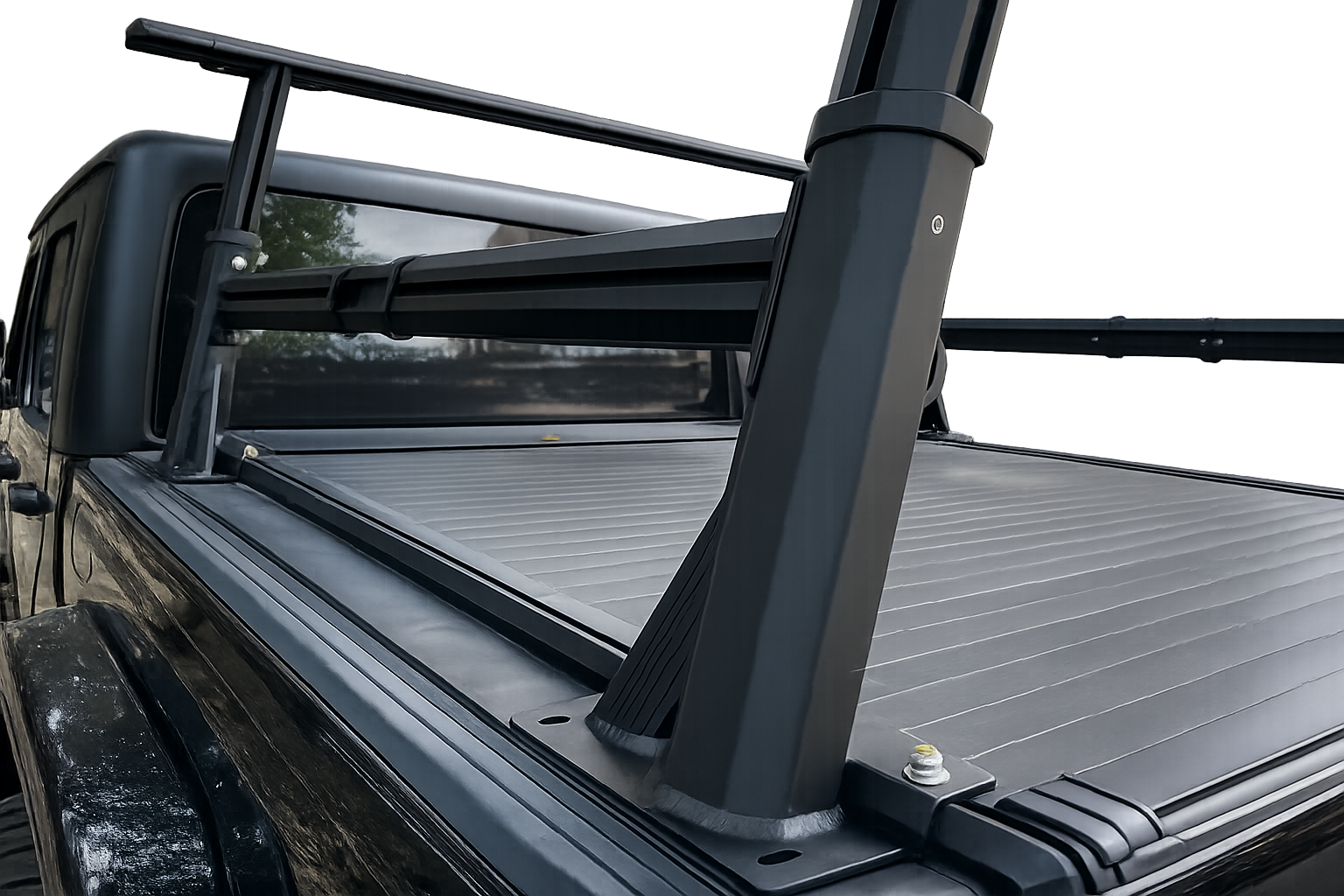 Height adjustable aluminum ladder rack fitted to ute tub over roller shutter
