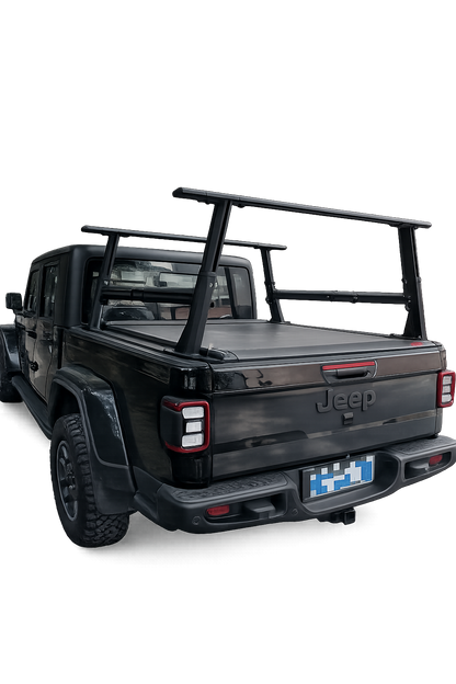 Adjustable aluminum ladder rack on Jeep Gladiator ute tub with roller shutter