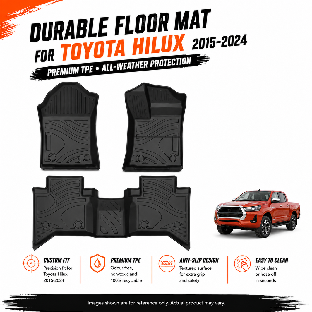 Anti-Slip Waterproof TPE Rubber Floor Mats Full Set for Toyota HiLux 2015-2024