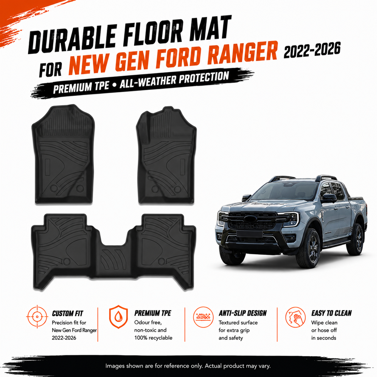 Anti-Slip Waterproof TPE Rubber Floor Mats Full Set for Ford Ranger 2022-2026