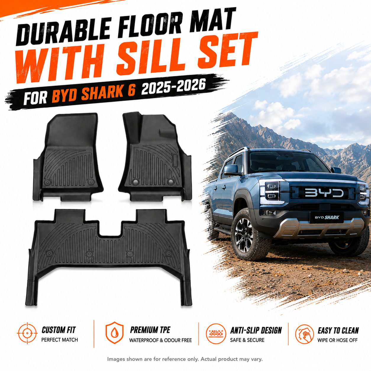 TPE Floor Mats with Door Sill Protectors to Suit BYD Shark 6 2025+ Dual Cab