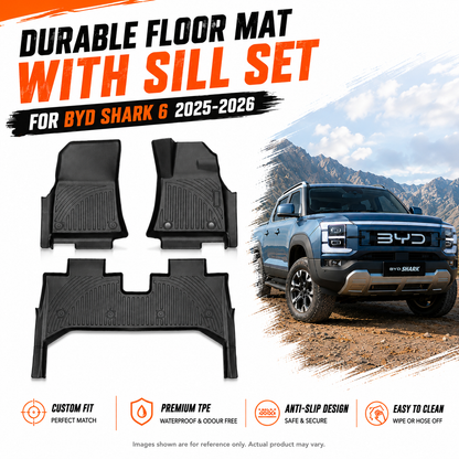 TPE Floor Mats with Door Sill Protectors to Suit BYD Shark 6 2025+ Dual Cab