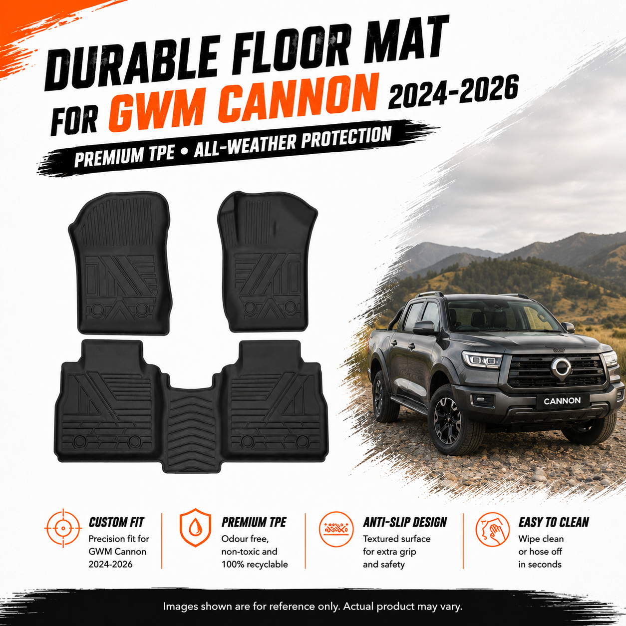 Anti-Slip Waterproof TPE Rubber Floor Mats Full Set for GWM Cannon 2024-2026