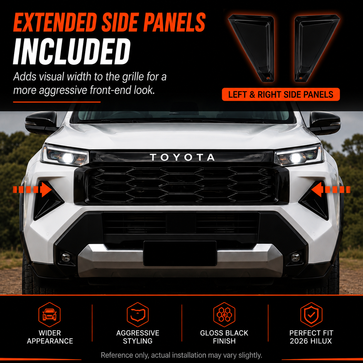 Toyota HiLux N90 with blackout grille, angled front view