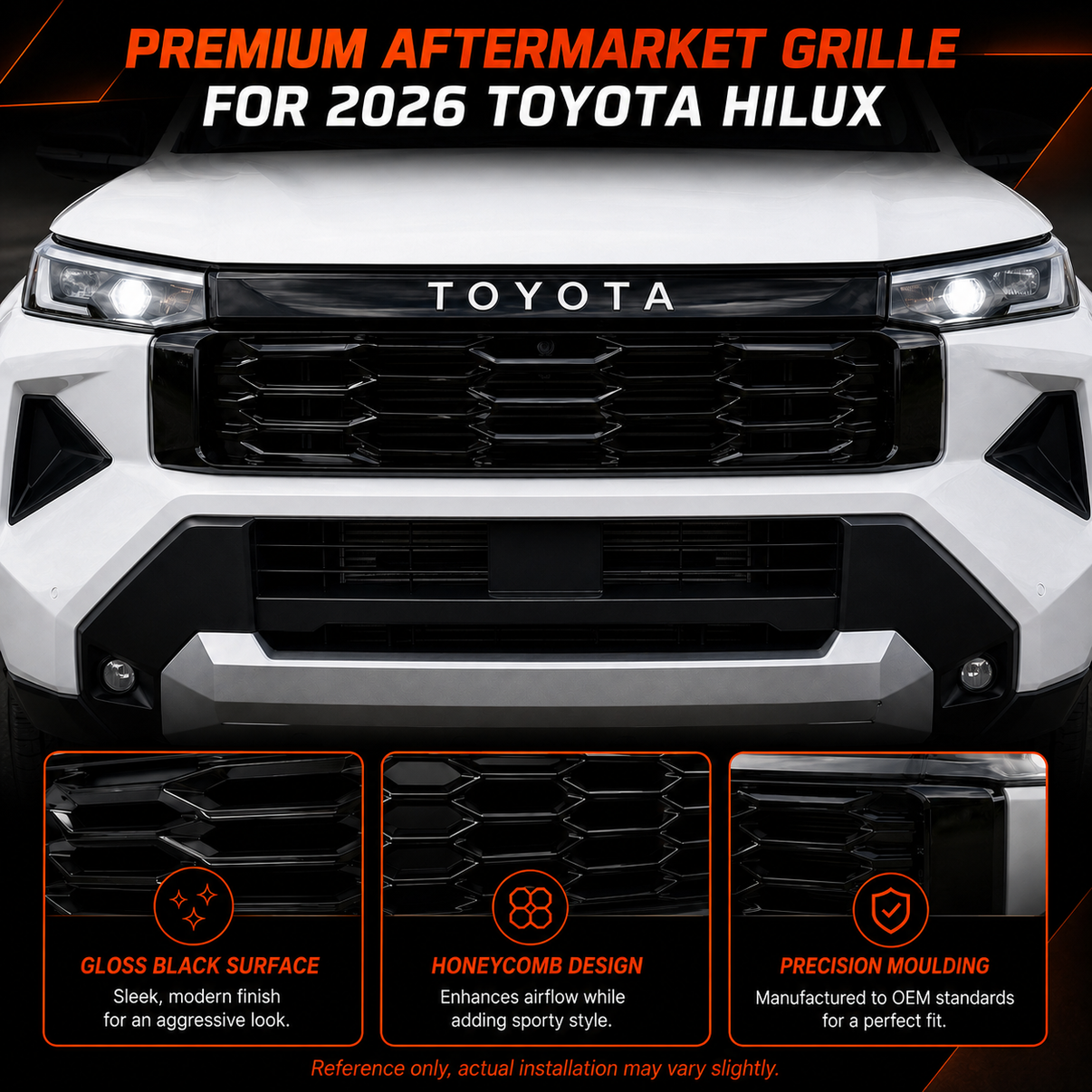 Blacked out front end of a Toyota HiLux 2026 with replacement grille fitted