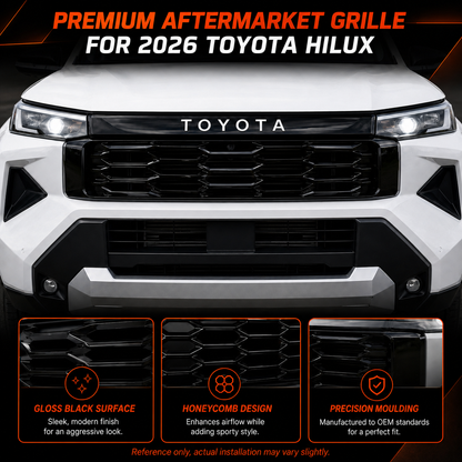 Blacked out front end of a Toyota HiLux 2026 with replacement grille fitted