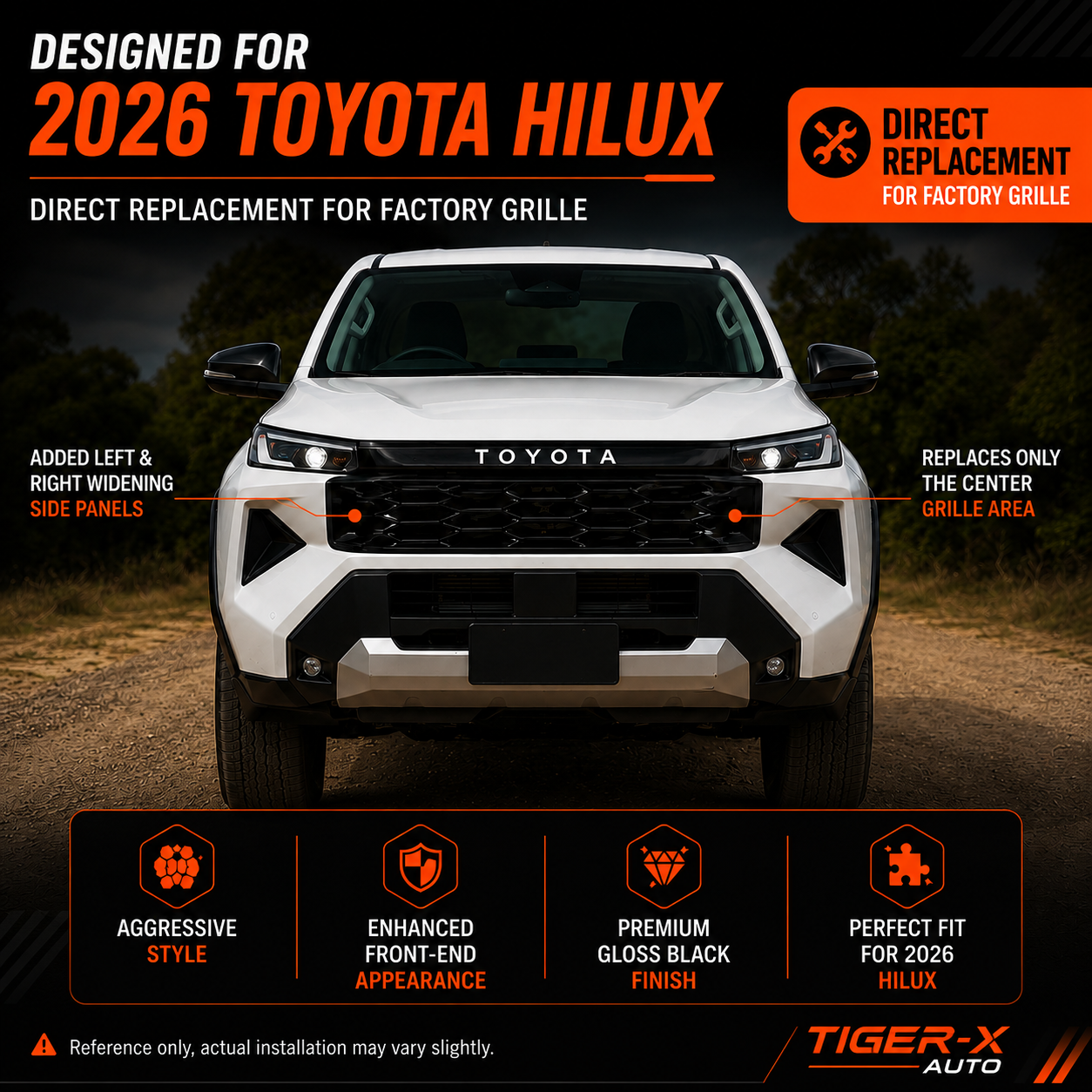 Gloss black grille and side panel kit for Toyota HiLux N90 2026 plus