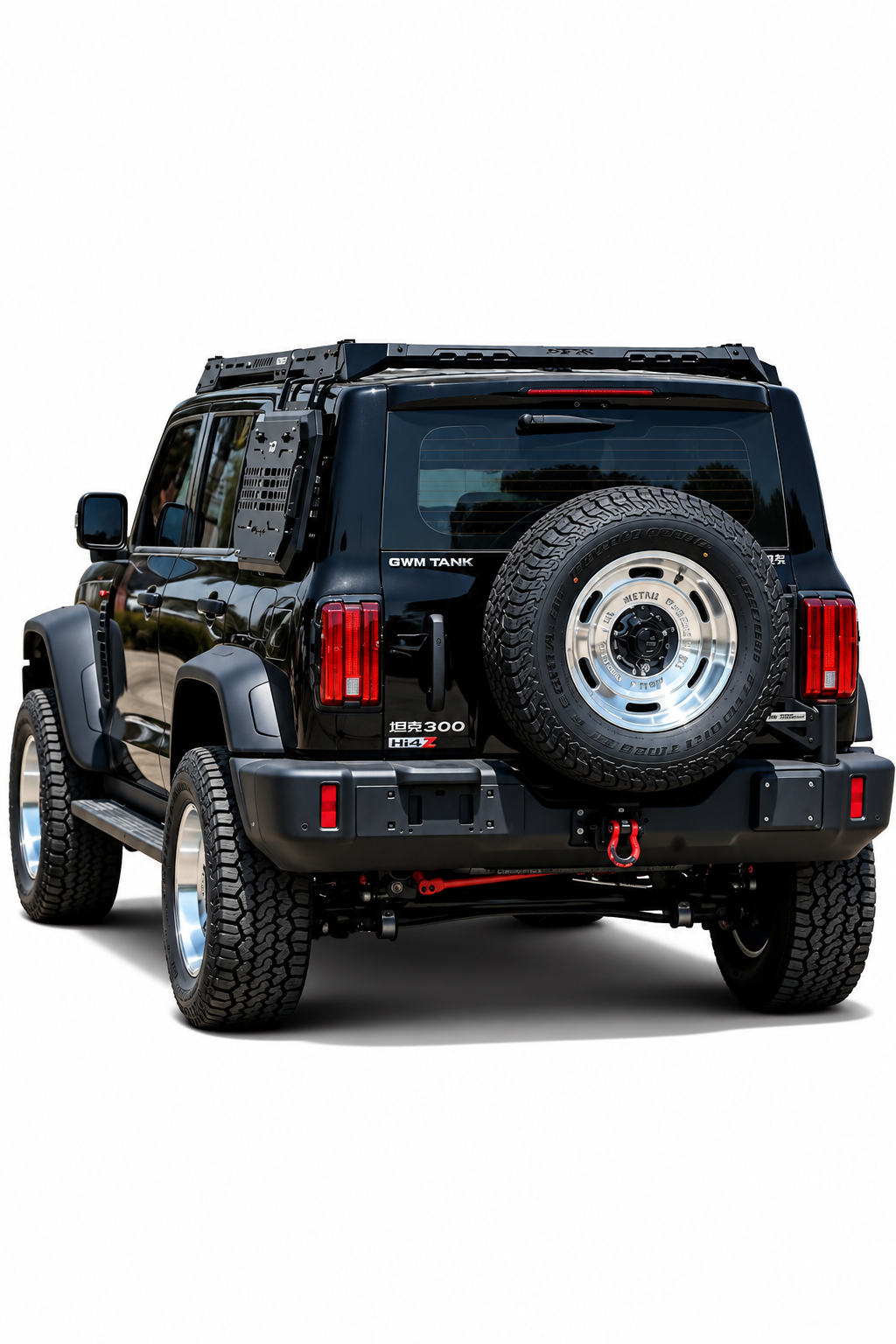 MK Hunter roof rack on a black GWM Tank 300, rear three-quarter view with rear-mounted spare wheel