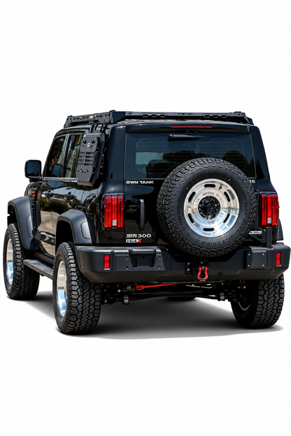 MK Hunter roof rack on a black GWM Tank 300, rear three-quarter view with rear-mounted spare wheel