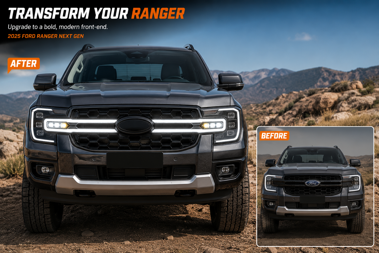 TIGER-X front bumper grille with flowing white LED light strip for Ford Ranger Next Gen T9 and Ford Everest Next Gen 2022-2025