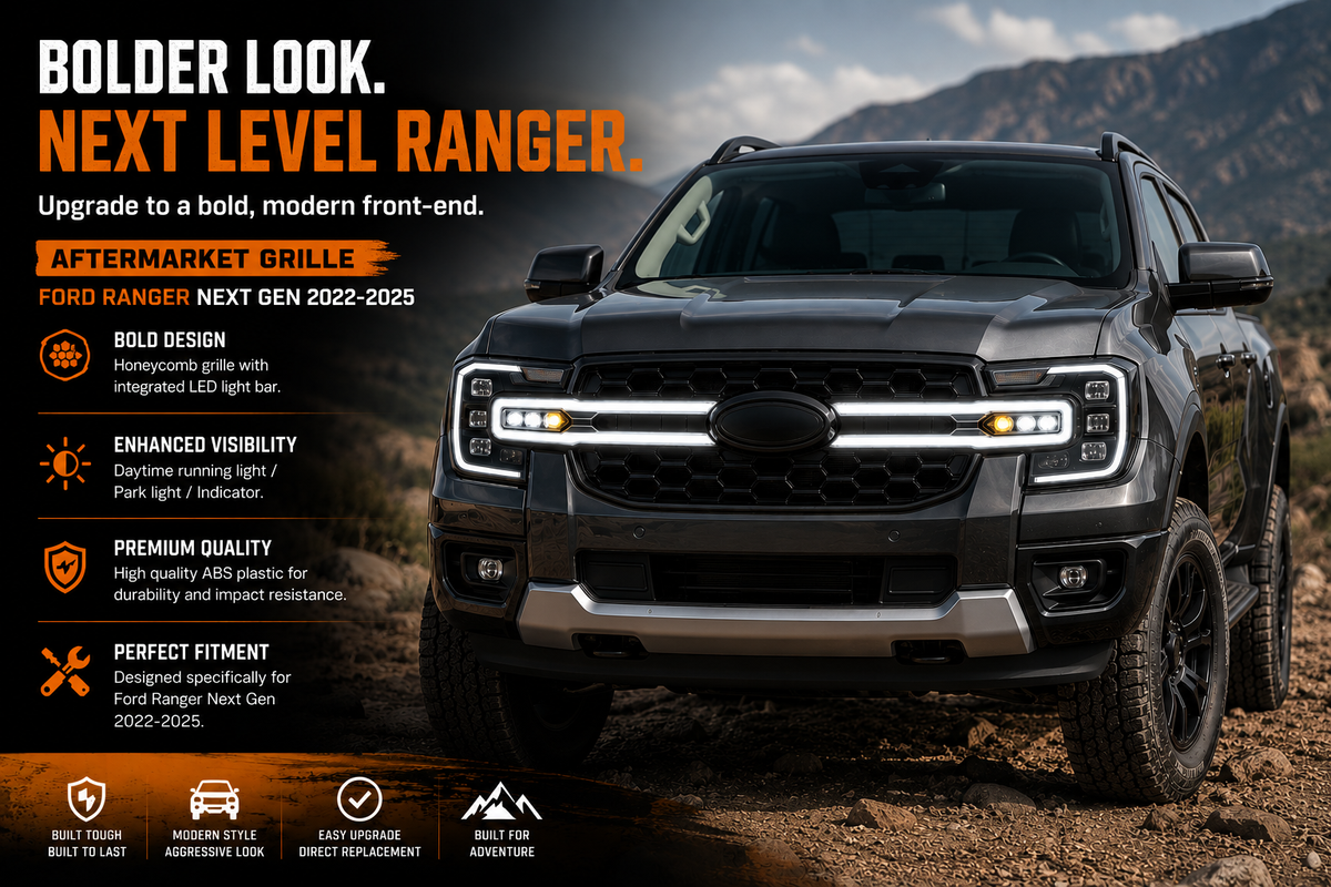 Ford Ranger Next Gen 2022-2025 LED front grille shown from an angle, ABS construction with white LED light bar
