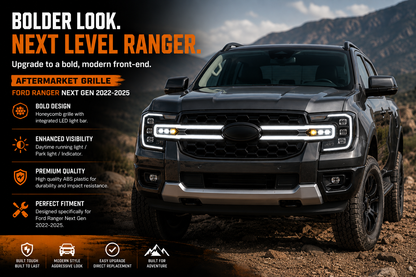 Ford Ranger Next Gen 2022-2025 LED front grille shown from an angle, ABS construction with white LED light bar