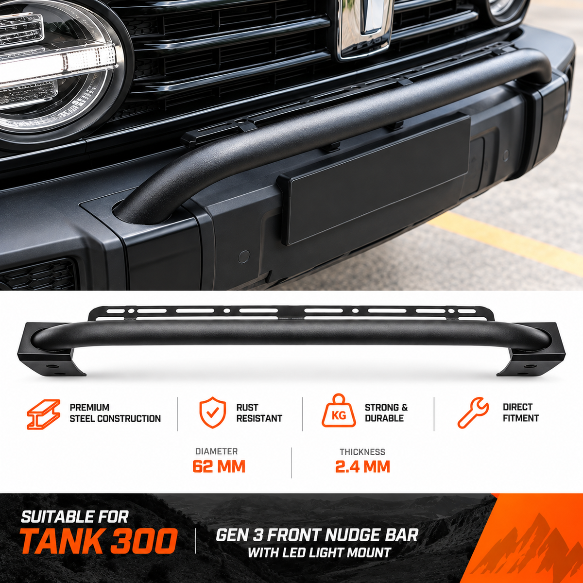 Gen 3 front nudge bar for the GWM Tank 300 without tow hooks, 62mm diameter 2.4mm steel tube