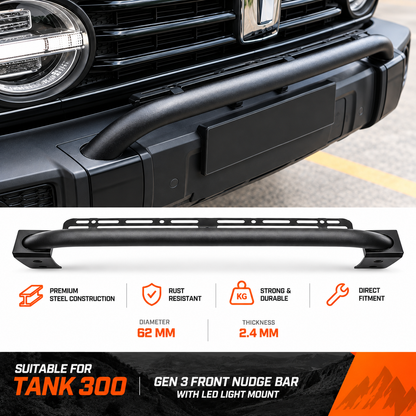 Gen 3 front nudge bar for the GWM Tank 300 without tow hooks, 62mm diameter 2.4mm steel tube