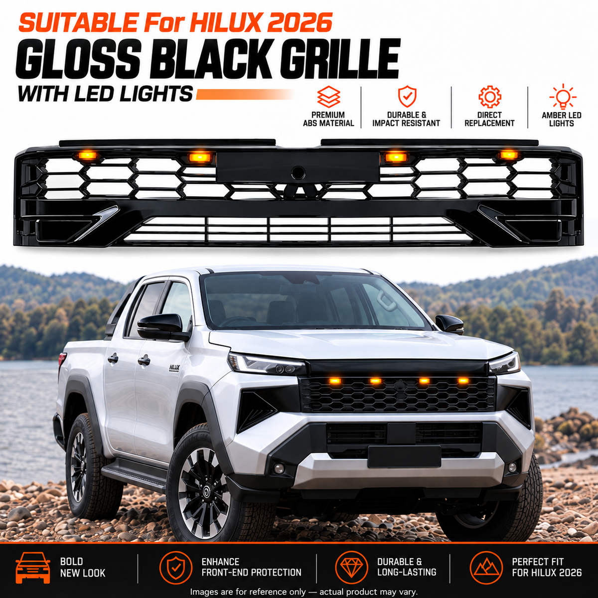 TIGER-X gloss black LED front grille fitted to a Toyota HiLux 2026 N90, front three-quarter view with amber LEDs