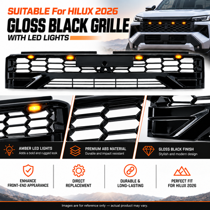 Gloss black honeycomb grille with 4 amber LED lights to suit Toyota HiLux 2026 N90, product and close-up detail views