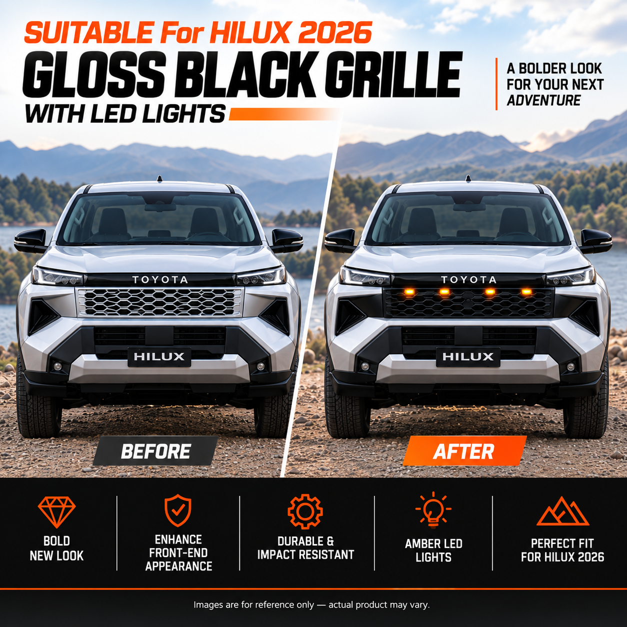 Before and after comparison of Toyota HiLux 2026 N90 with factory grille and TIGER-X gloss black LED grille