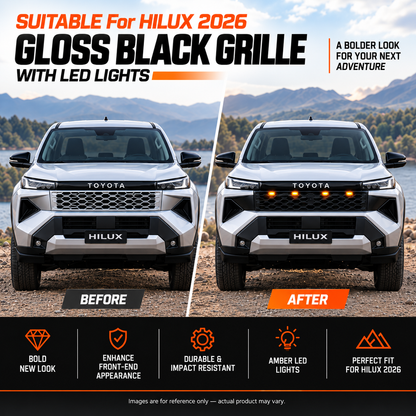 Before and after comparison of Toyota HiLux 2026 N90 with factory grille and TIGER-X gloss black LED grille