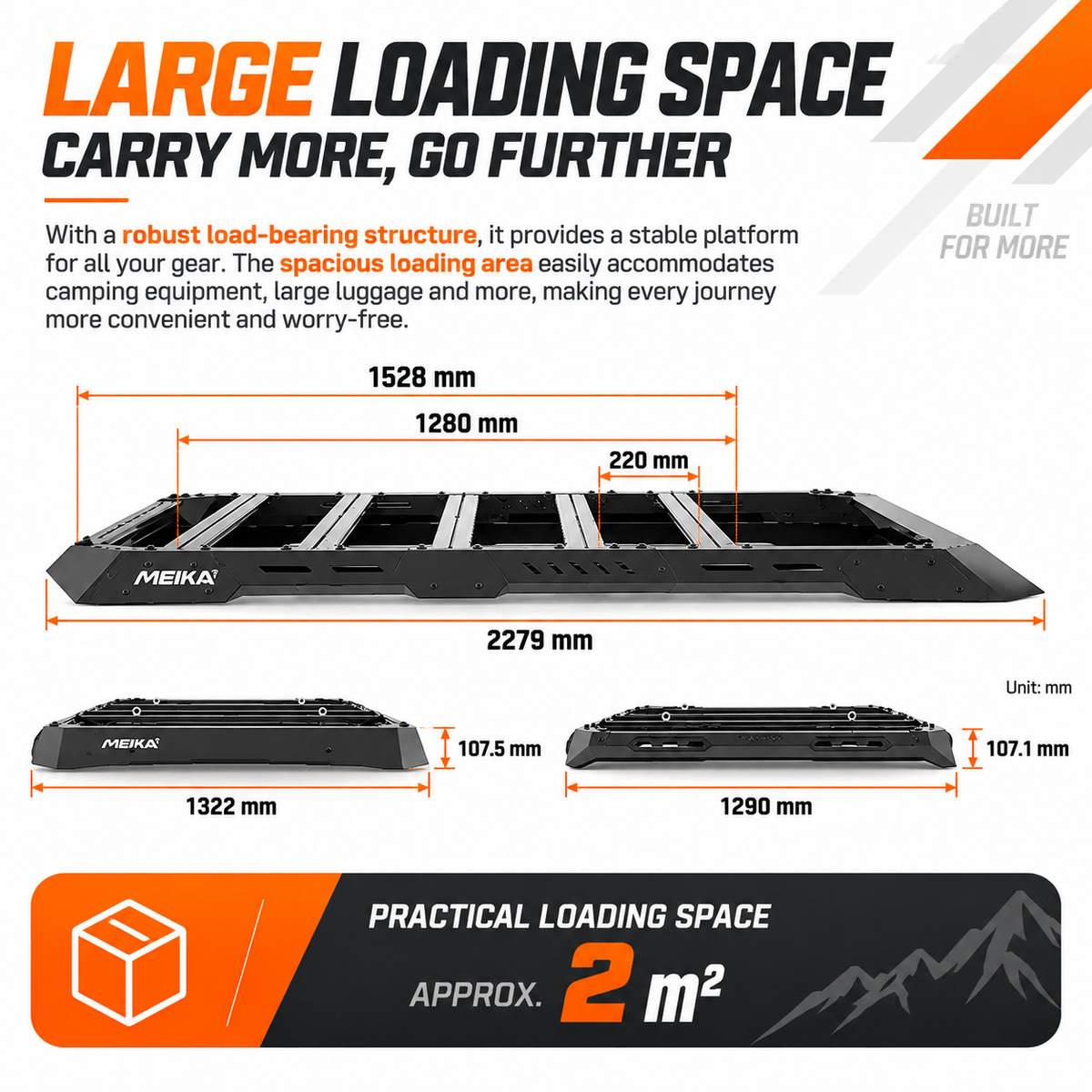 MK Hunter roof rack loading area diagram showing a 1528mm by 1280mm usable platform