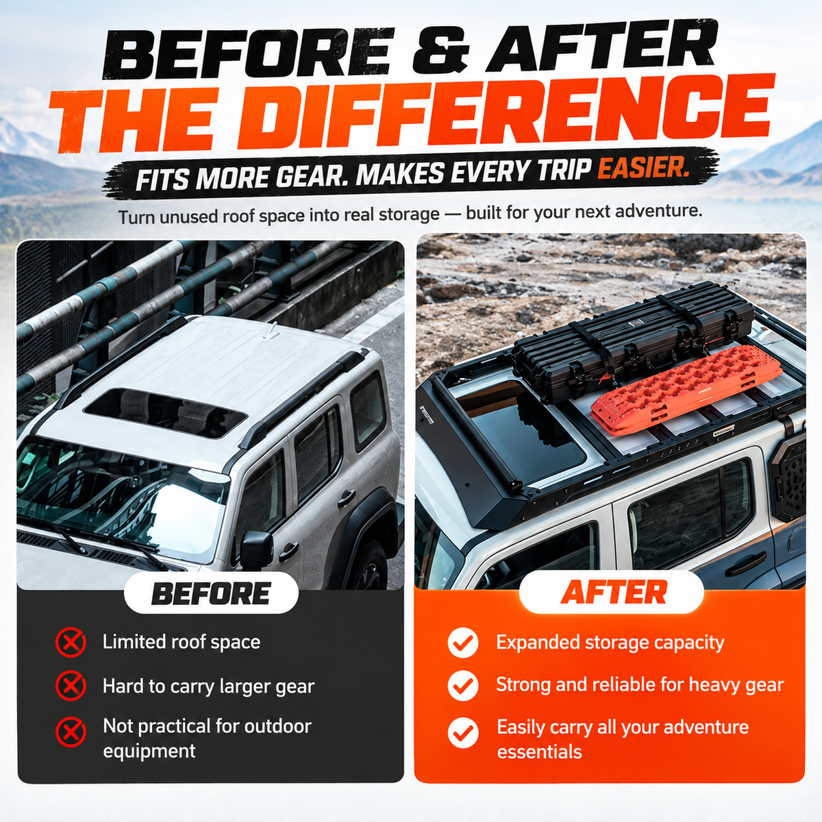 Before and after comparison of a GWM Tank 300 roof with and without the MK Hunter roof rack