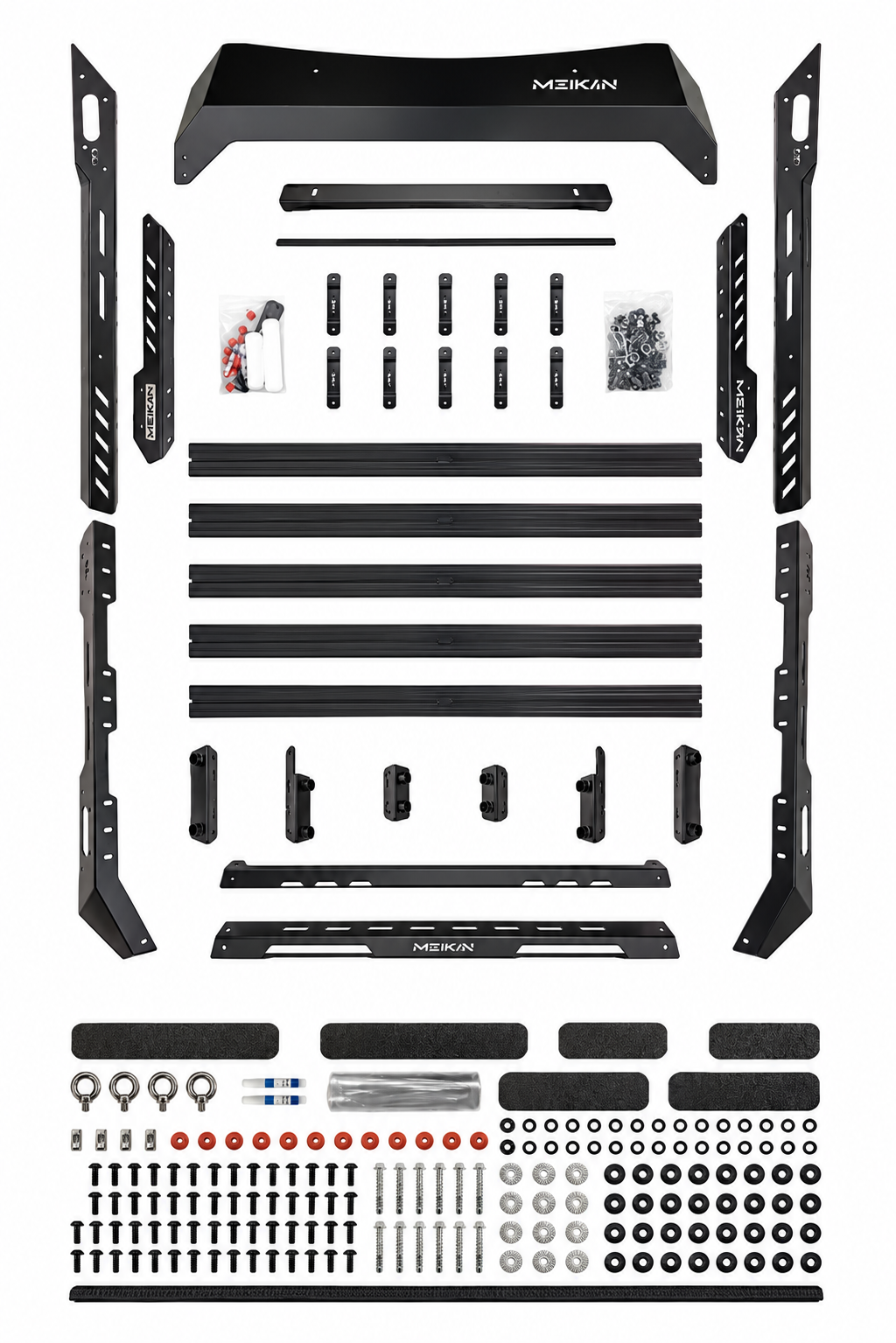 MK Hunter roof rack components and mounting hardware laid out before assembly