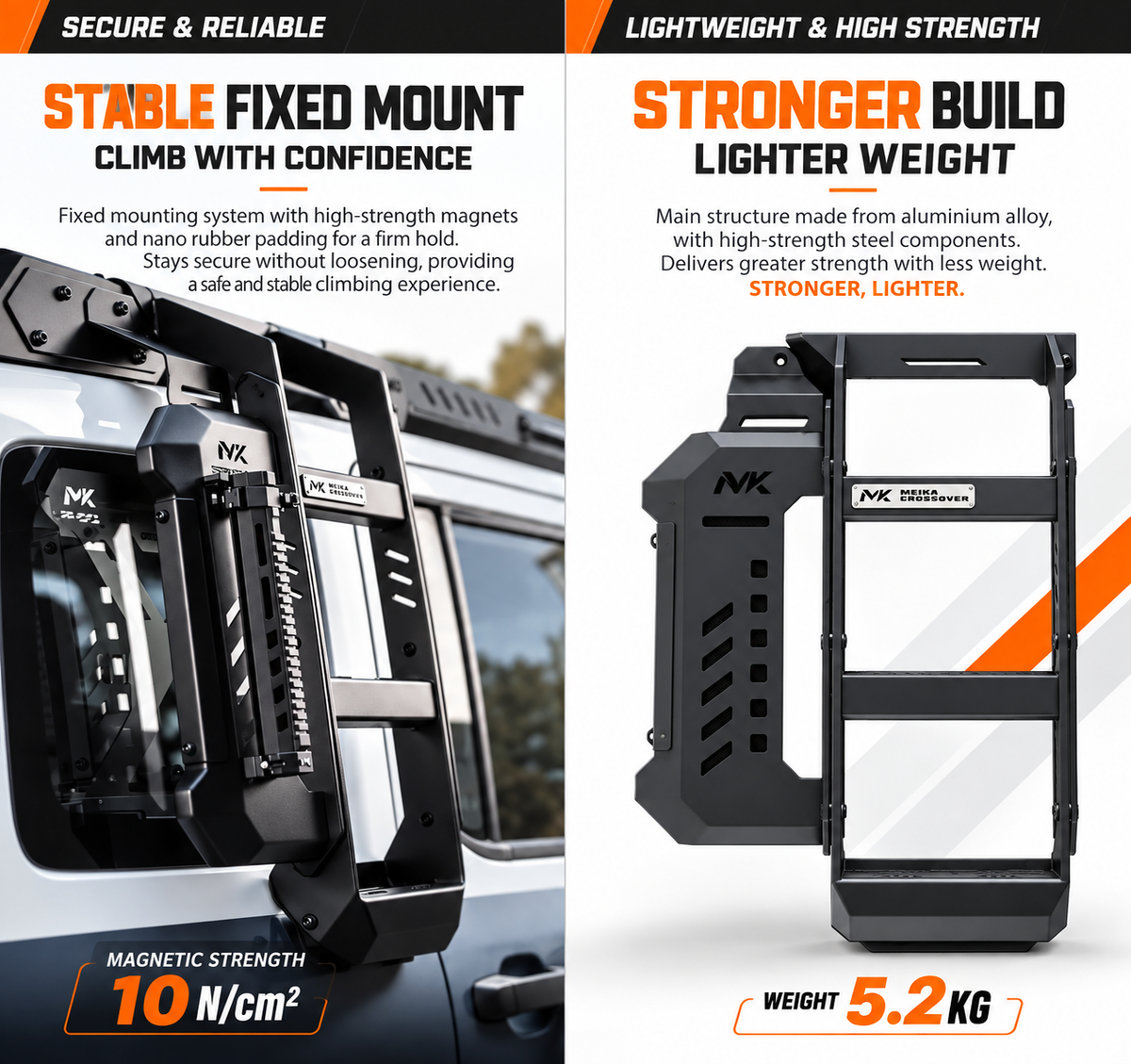 MK Hunter side ladder specifications, 5.2kg aluminium build with 10 N/cm2 magnetic mounting strength