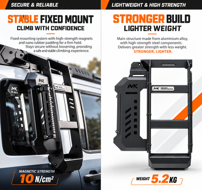 MK Hunter side ladder specifications, 5.2kg aluminium build with 10 N/cm2 magnetic mounting strength