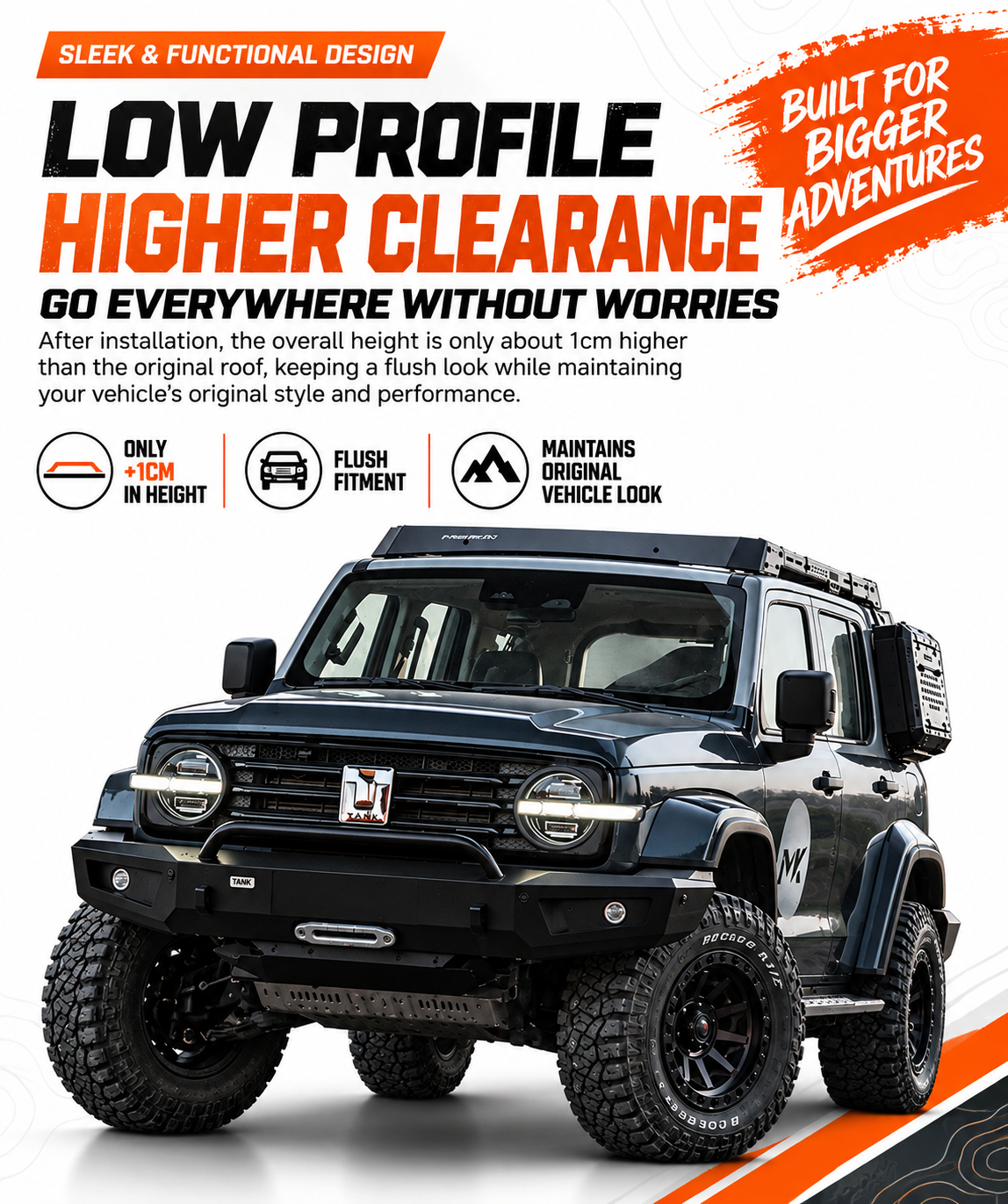 MK Hunter roof rack on a black GWM Tank 300, adding only 1cm to overall vehicle height