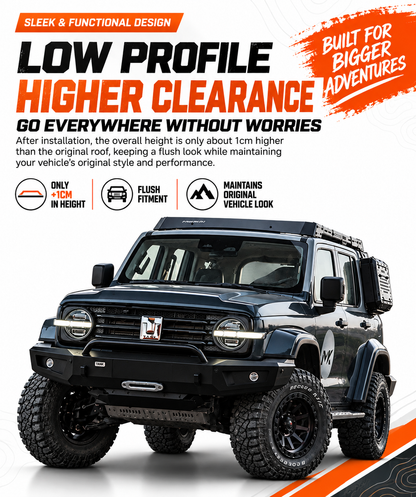 MK Hunter roof rack on a black GWM Tank 300, adding only 1cm to overall vehicle height
