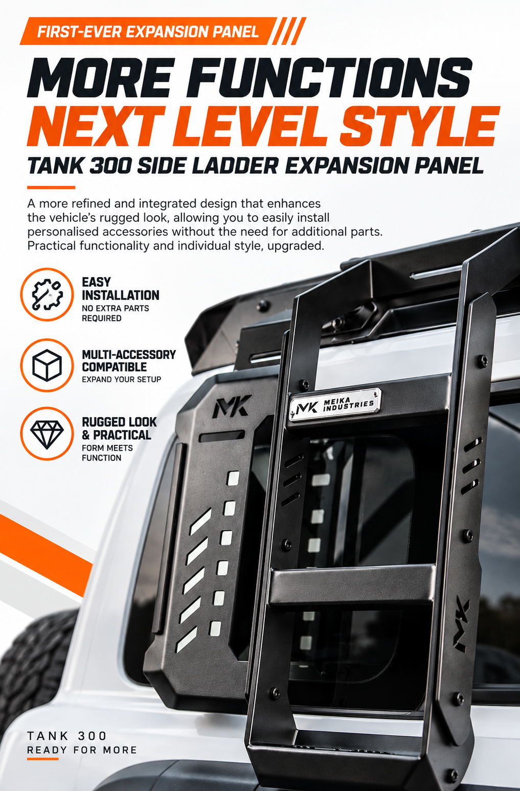 MK Hunter side ladder expansion panel on a GWM Tank 300 with multi-accessory mounting points