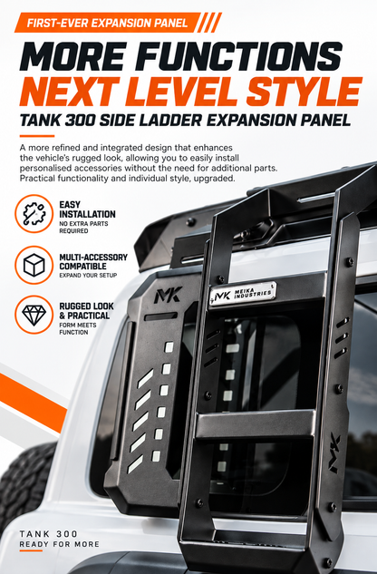 MK Hunter side ladder expansion panel on a GWM Tank 300 with multi-accessory mounting points