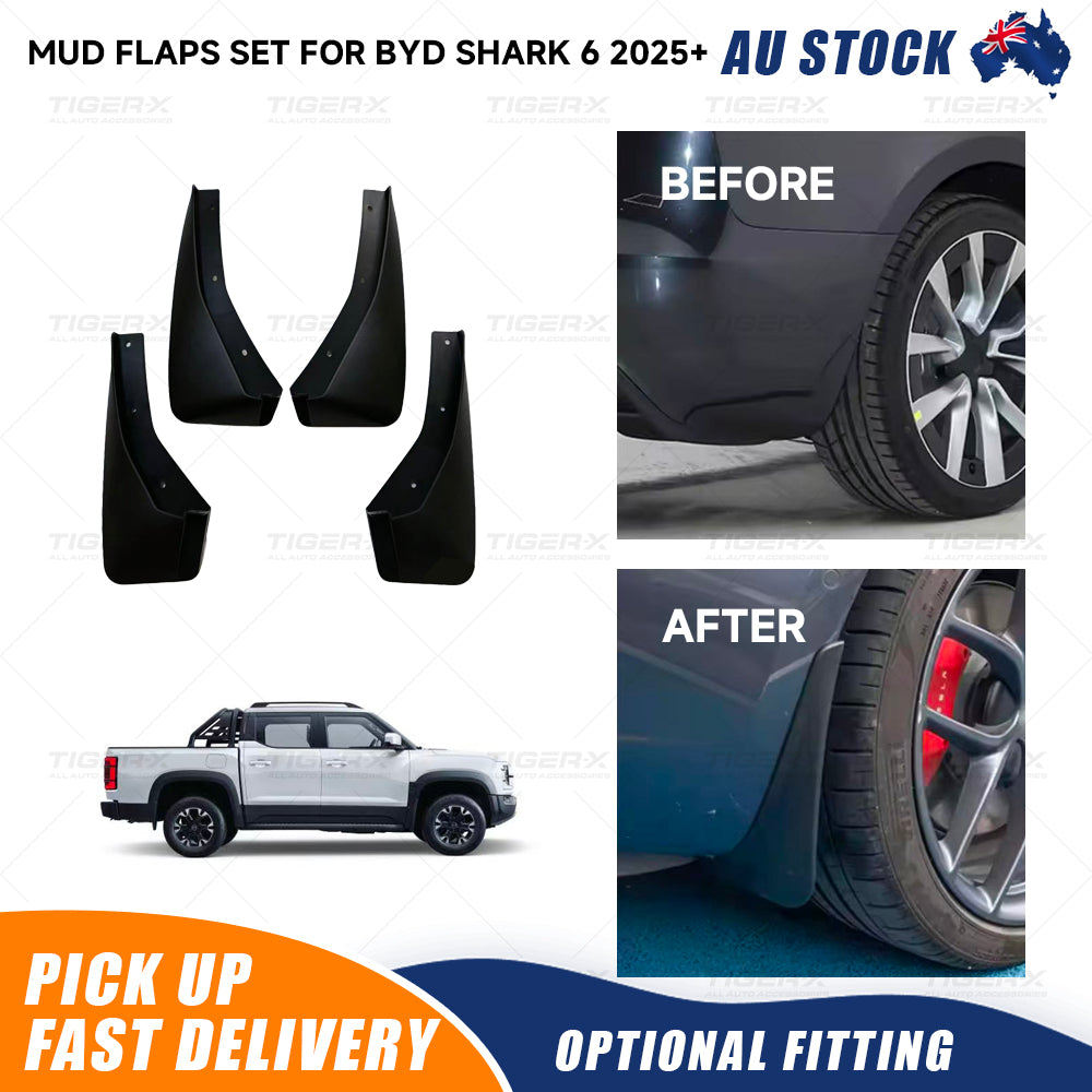 TIGER-X matte black mud flaps fitted to a BYD Shark 6 2025-2026 dual cab