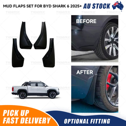 TIGER-X matte black mud flaps fitted to a BYD Shark 6 2025-2026 dual cab