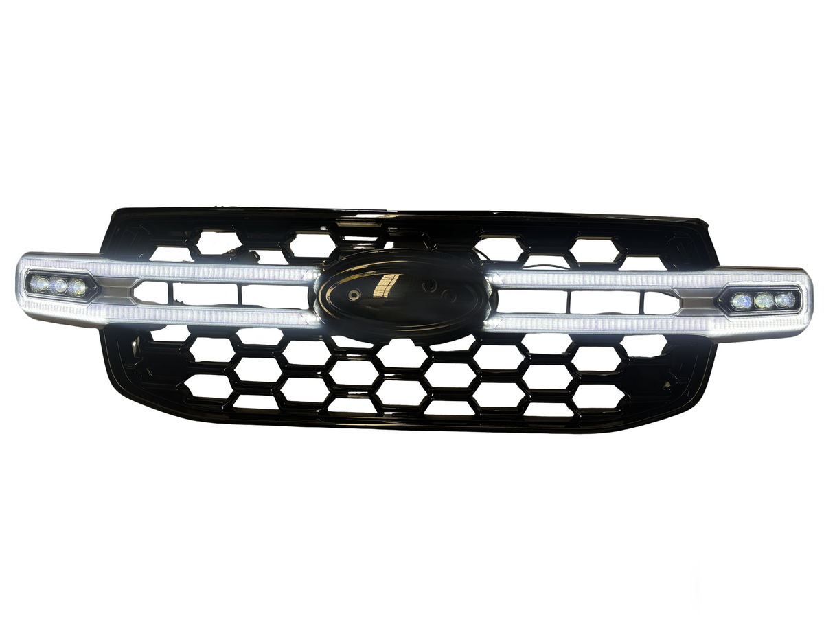 Ford Ranger and Everest Next Gen front grille upgrade by TIGER-X Auto, direct-fit ABS replacement with LED light strip