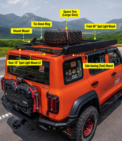 Orange GWM Tank 300 with MK Optimus roof rack, labelled mounts for spare tyre, spot lights, shovel and side awning