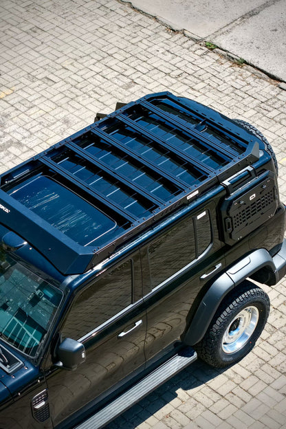 Overhead view of the MK Hunter roof rack and side ladder fitted to a black GWM Tank 300