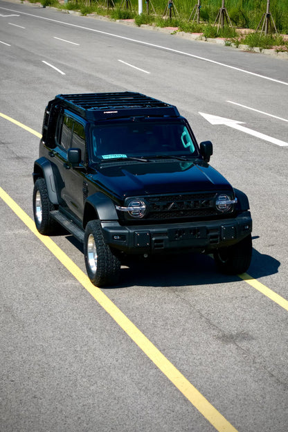 MK Hunter roof rack fitted to a black GWM Tank 300, elevated front three-quarter view