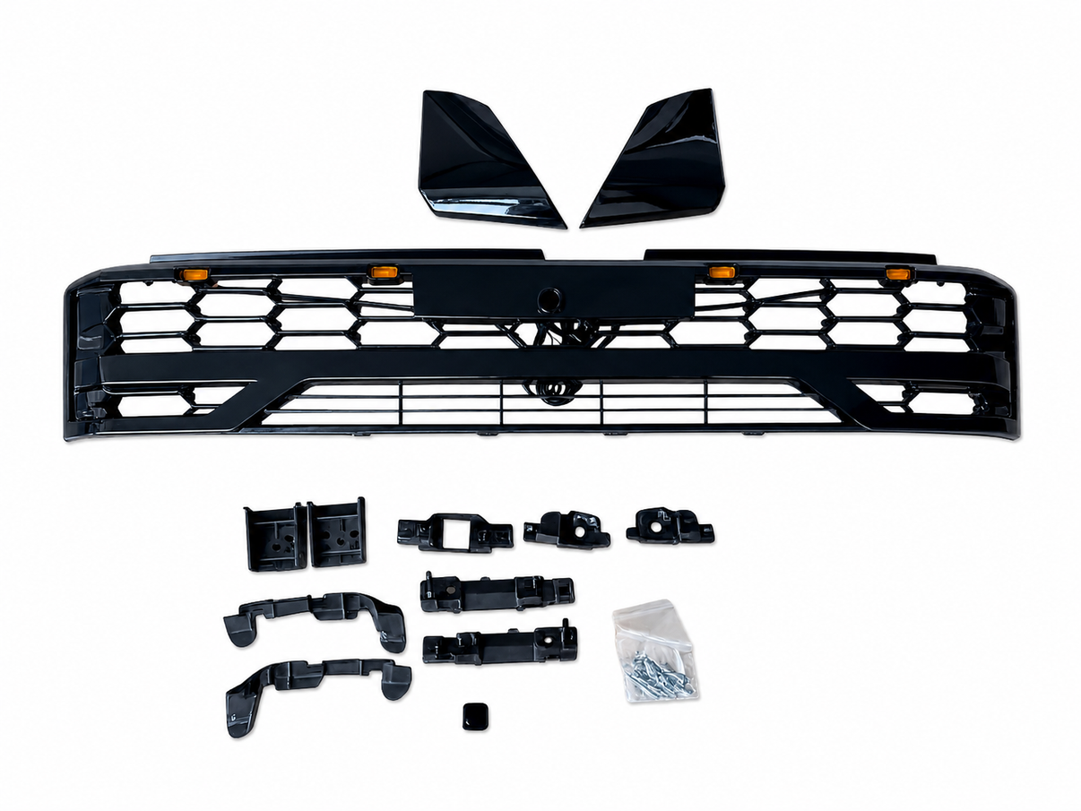 TIGER-X HiLux 2026 LED grille kit contents: grille, side panels, brackets, clips, wiring and hardware