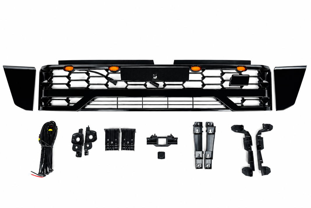 Gloss Black Front Grille with Amber LED Lights to Suit Toyota HiLux 2026+ (N90) — Raptor Style Replacement Grille