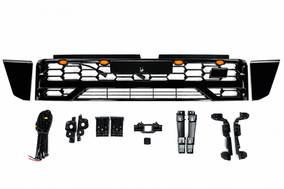 Gloss Black Front Grille with Amber LED Lights to Suit Toyota HiLux 2026+ (N90) — Raptor Style Replacement Grille