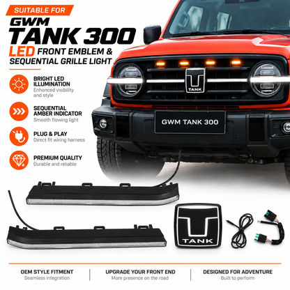 LED illuminated front logo kit and sequential grille light fitted to a red GWM Tank 300