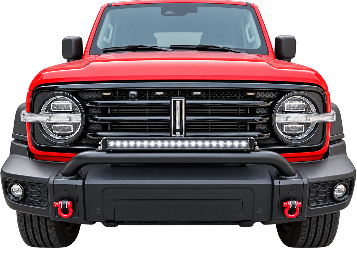 Red GWM Tank 300 with steel nudge bar and a 20 inch LED light bar mounted across the front